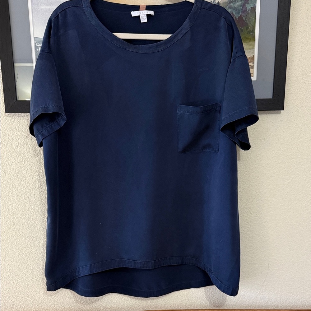 Lunya Washable Silk Oversized Sleep Tee with Pocket, Navy